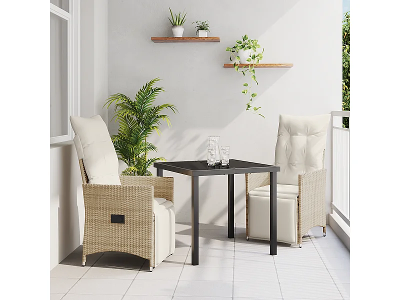 Ensemble de Salle à Manger de Jardin de 3 Pièces avec Coussins Beige Poly Rattan