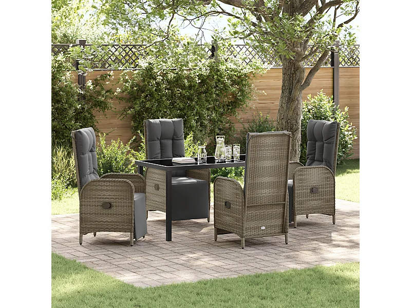 Set da pranzo da giardino 5 pezzi con cuscini in polyrattan grigio