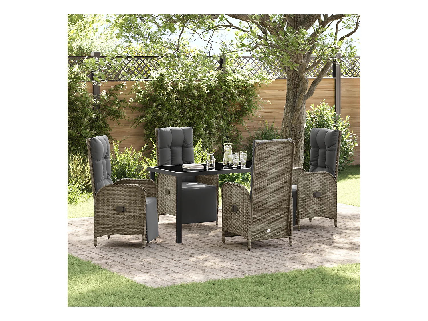 Set da pranzo da giardino 5 pezzi con cuscini in polyrattan grigio