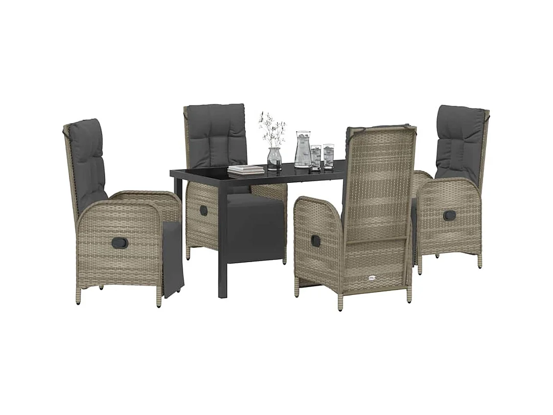 Set da pranzo da giardino 5 pezzi con cuscini in polyrattan grigio