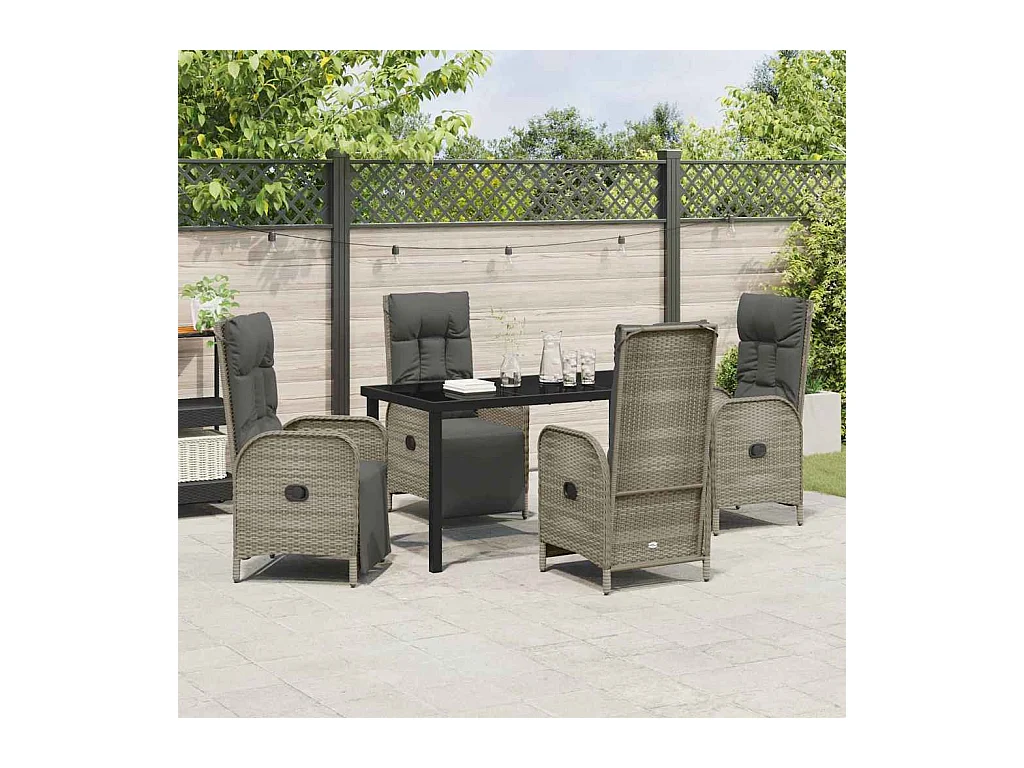 Set da pranzo da giardino 5 pezzi con cuscini in polyrattan grigio
