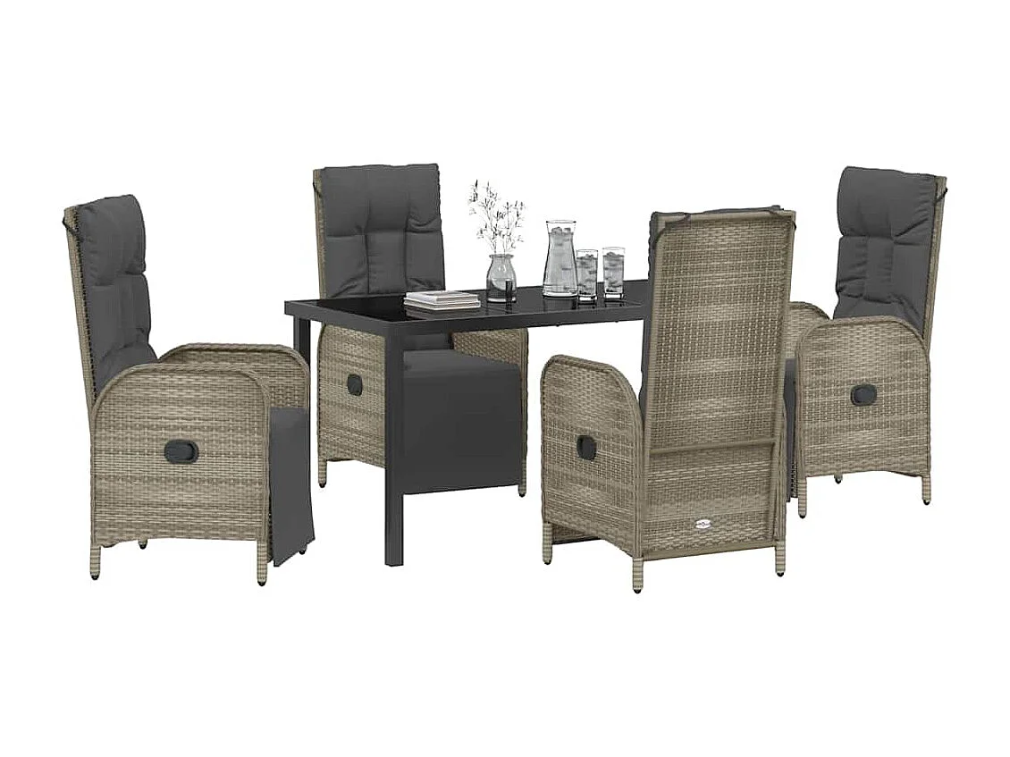 5-teiliges Garten-Ess-Set mit Kissen, grau, Polyrattan