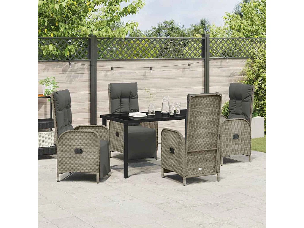 5-teiliges Garten-Ess-Set mit Kissen, grau, Polyrattan