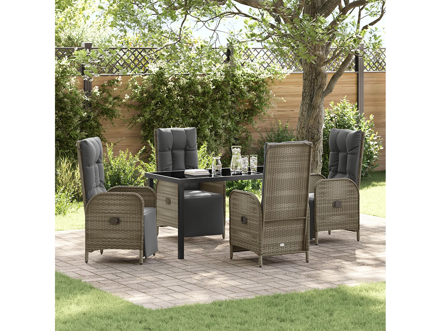 5-teiliges Garten-Ess-Set mit Kissen, grau, Polyrattan