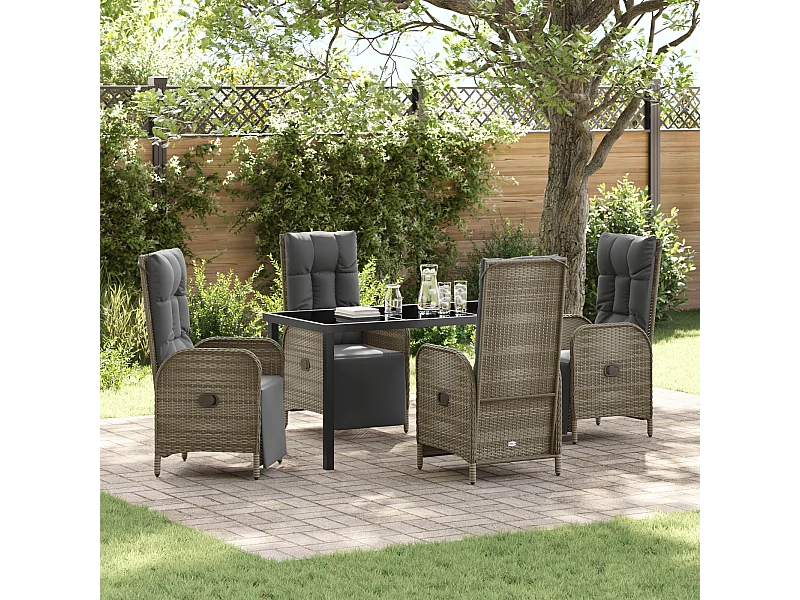 5-teiliges Garten-Ess-Set mit Kissen, grau, Polyrattan