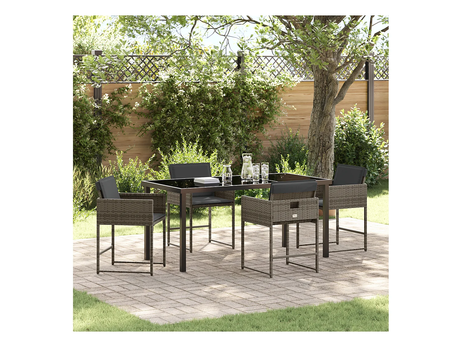 Set da pranzo da giardino 5 pezzi con cuscini in polyrattan grigio