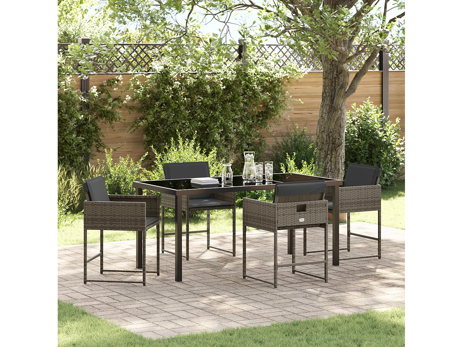 Set da pranzo da giardino 5 pezzi con cuscini in polyrattan grigio