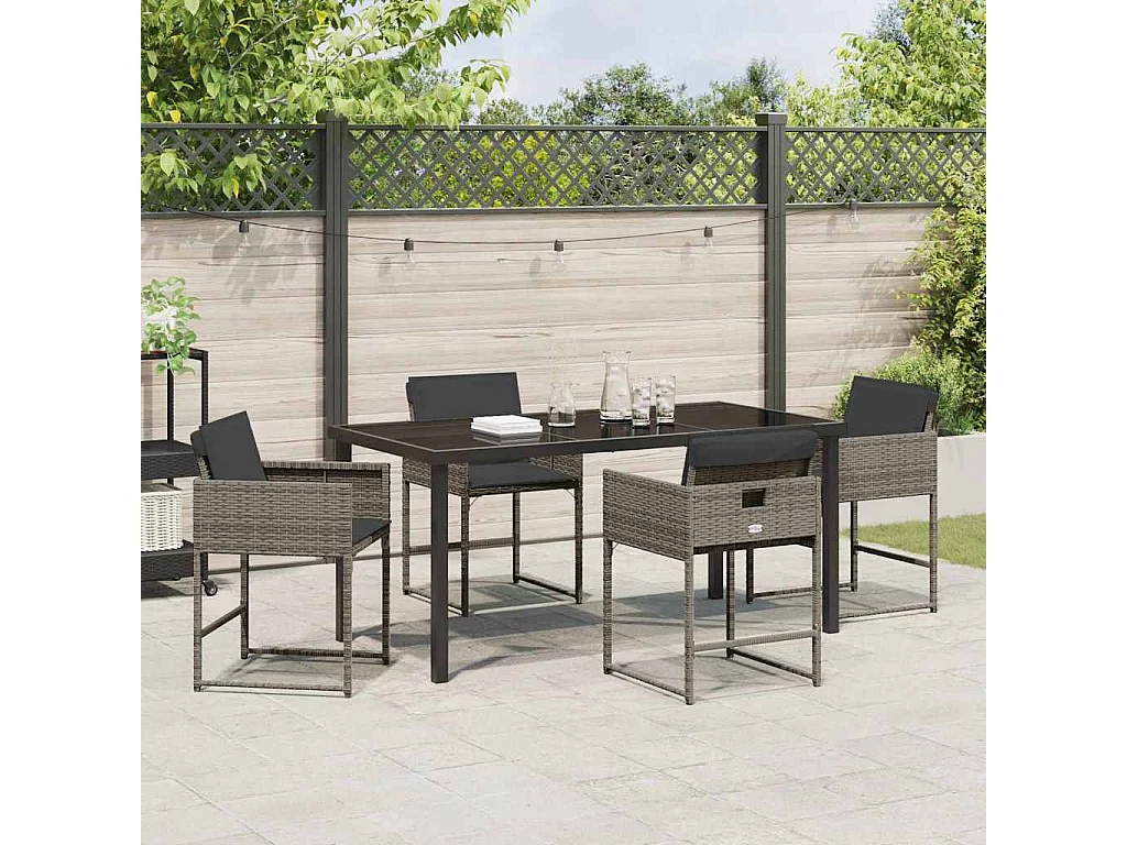 Juego de comedor de jardín de 5 piezas con cojines de ratán sintético gris