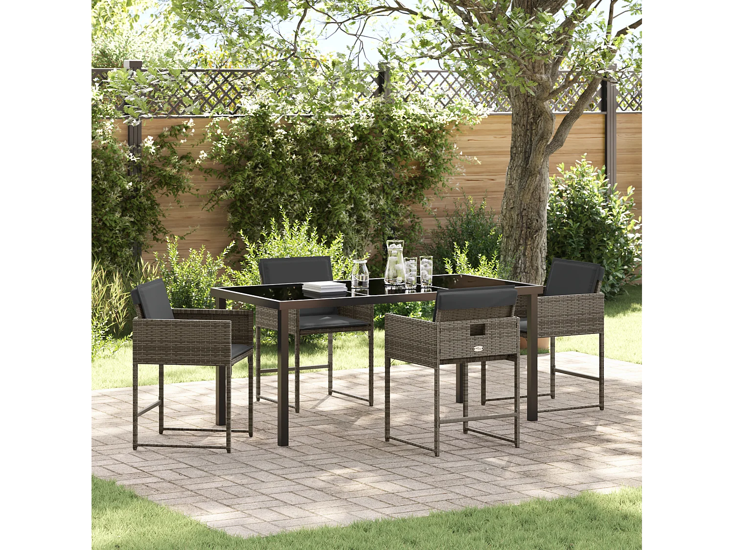 Ensemble de salle à manger jardin 5 pièces avec coussins gris poly rattan