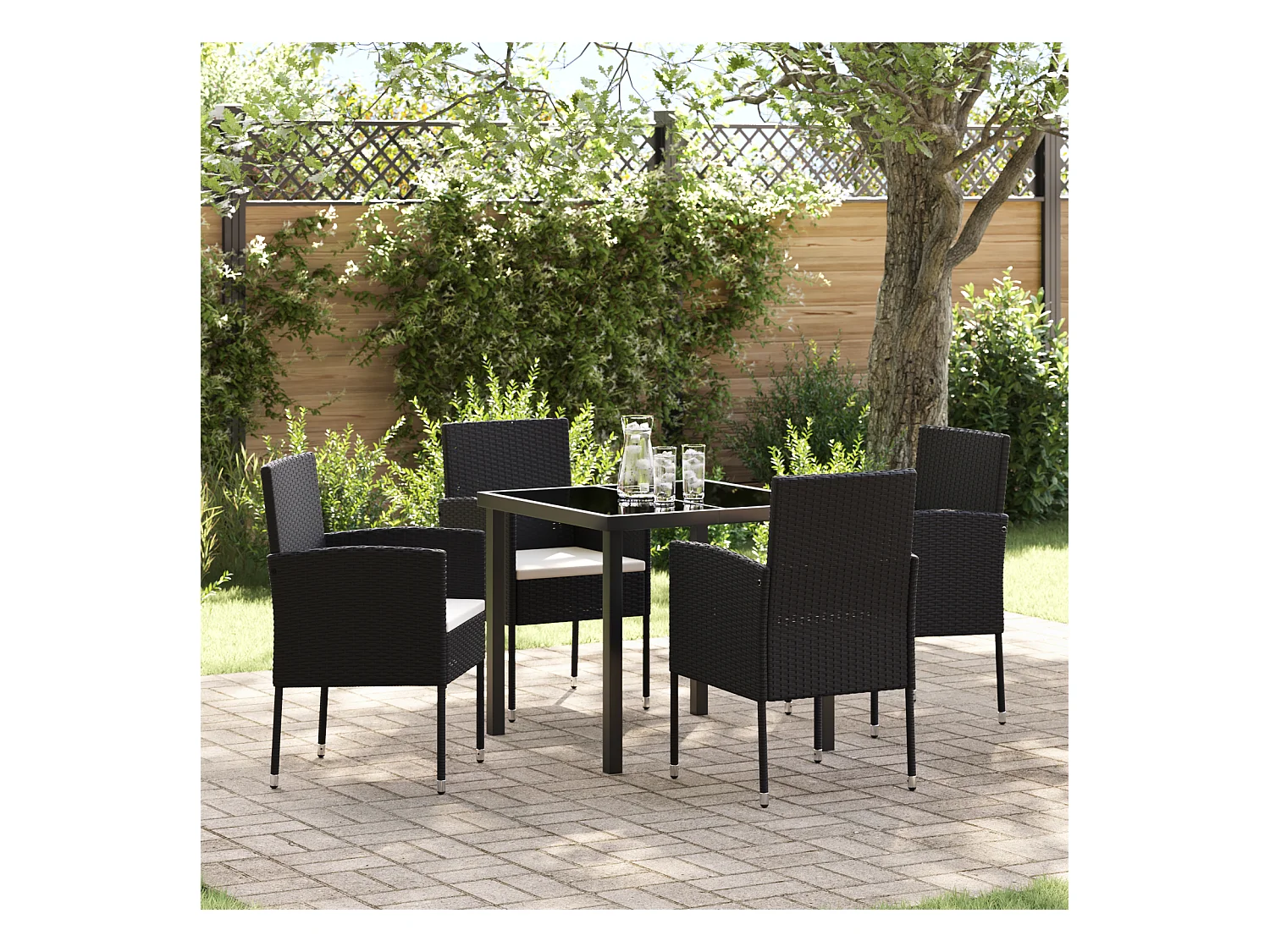 Ensemble de jardin de 5 pièces avec coussins noir poly rattan