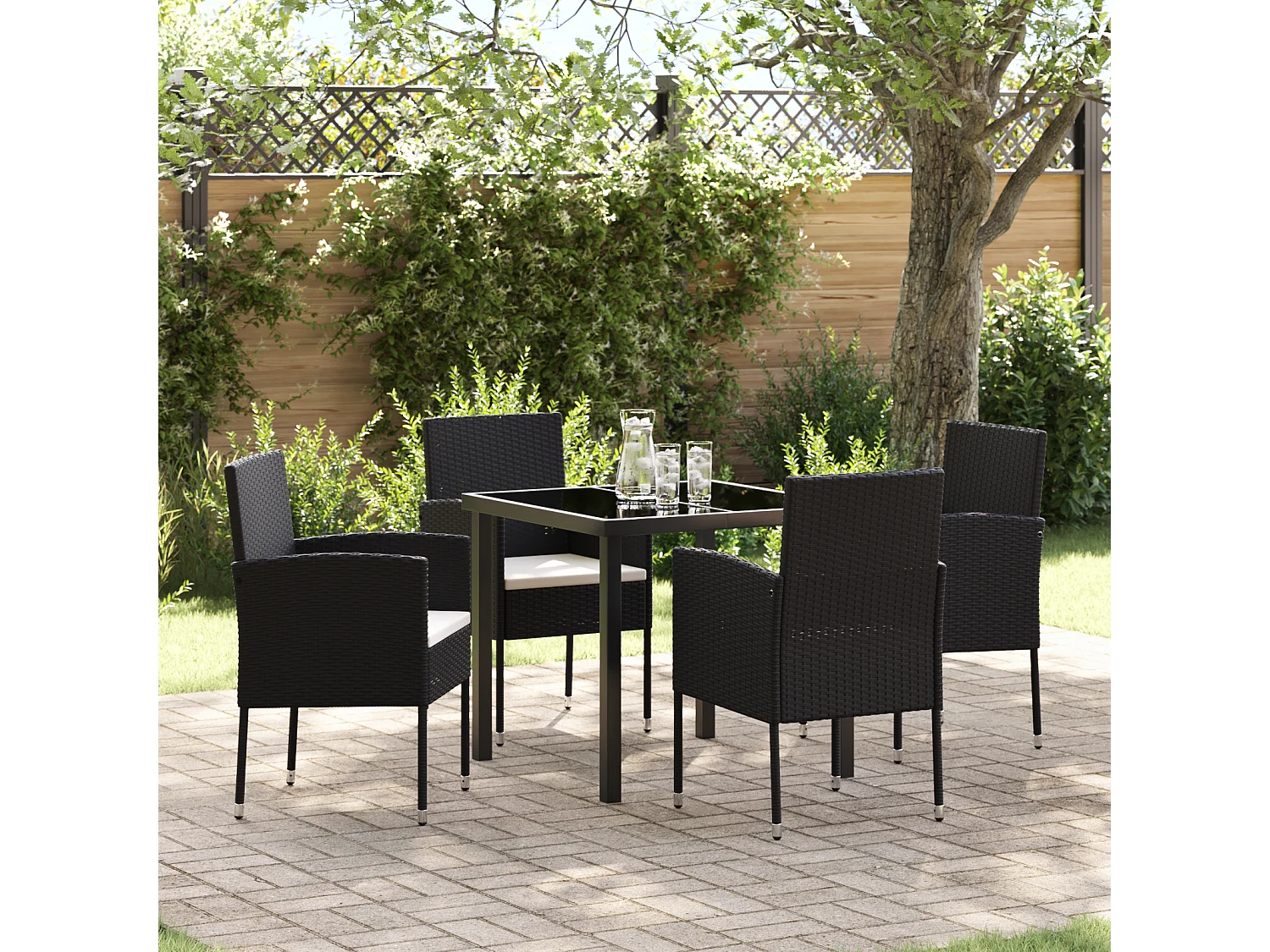 Ensemble de jardin de 5 pièces avec coussins noir poly rattan