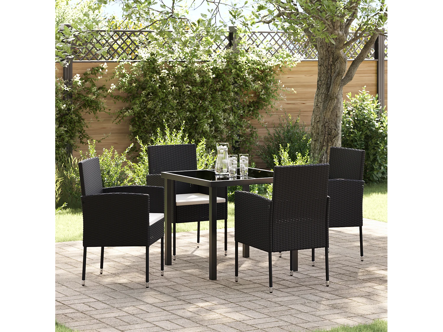 Ensemble de jardin de 5 pièces avec coussins noir poly rattan