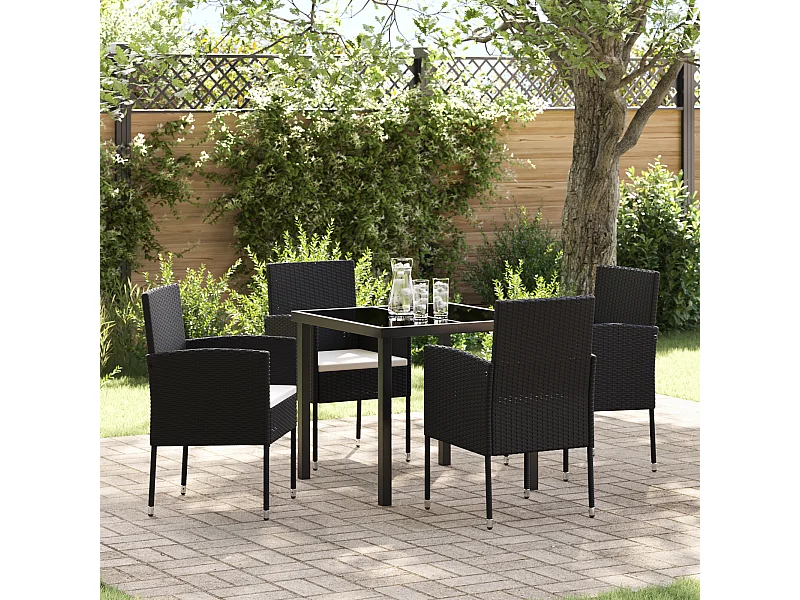 Set da giardino da 5 pezzi con cuscini in polyrattan nero