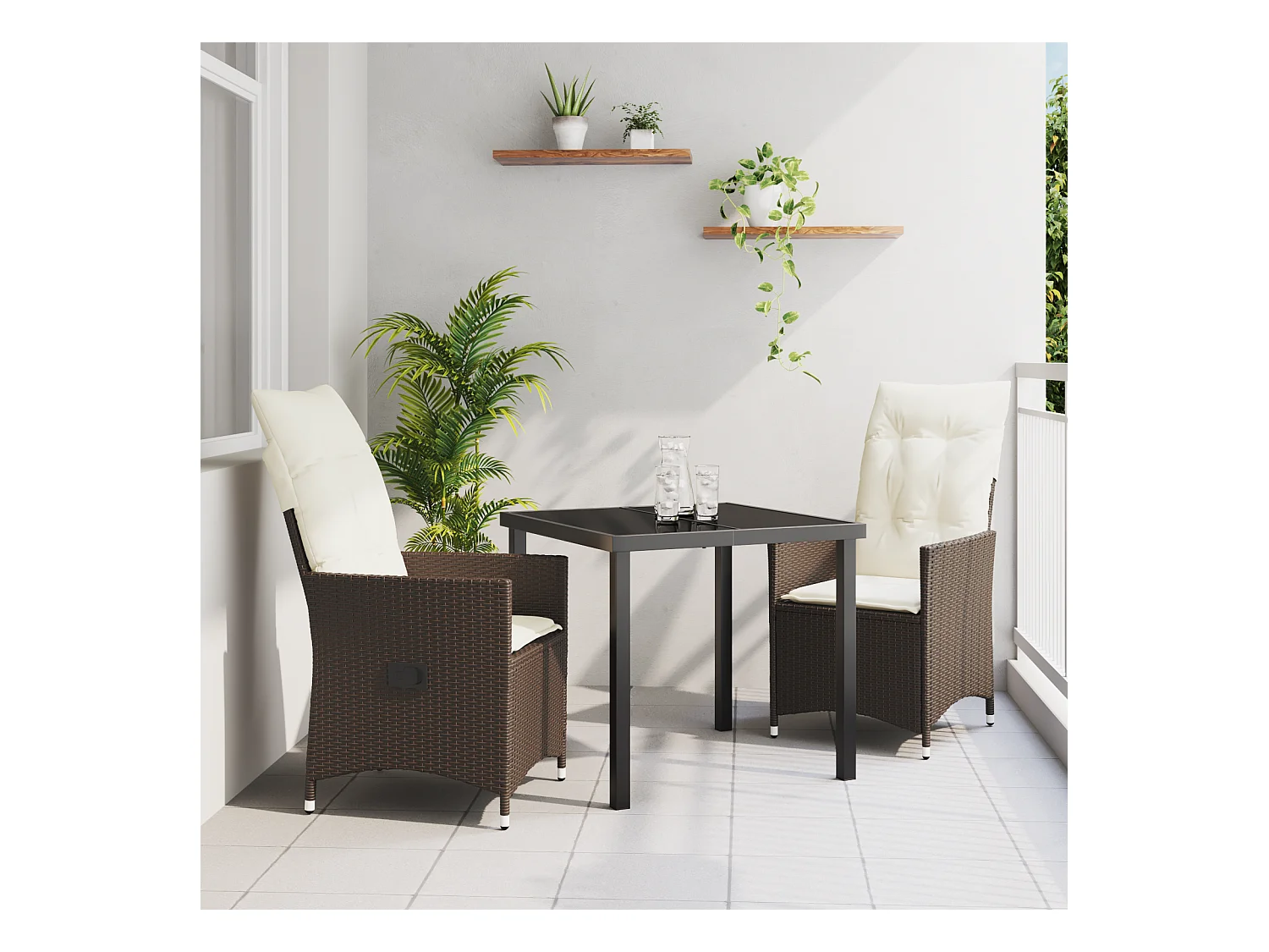 Ensemble de Salle à Manger de Jardin 3 pièces avec Coussin Marron Poly Rattan