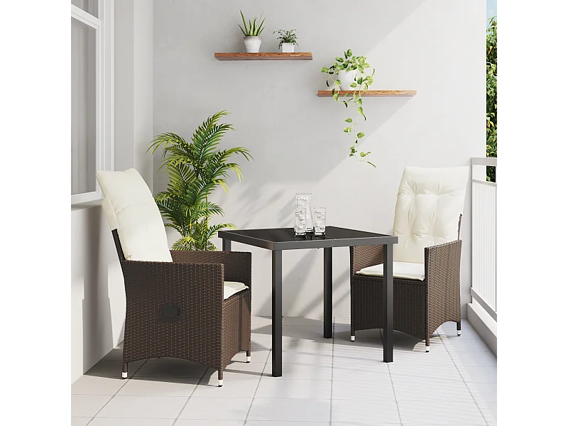 3-teiliges Garten-Essset mit braunen Polyrattan-Kissen