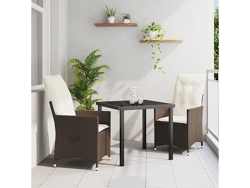 Ensemble de Salle à Manger de Jardin 3 pièces avec Coussin Marron Poly Rattan