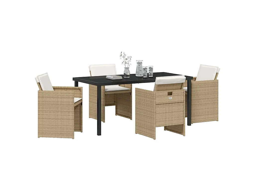 Juego de comedor de jardín de 5 piezas con cojines beige de ratán sintético