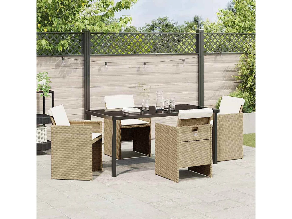 Juego de comedor de jardín de 5 piezas con cojines beige de ratán sintético