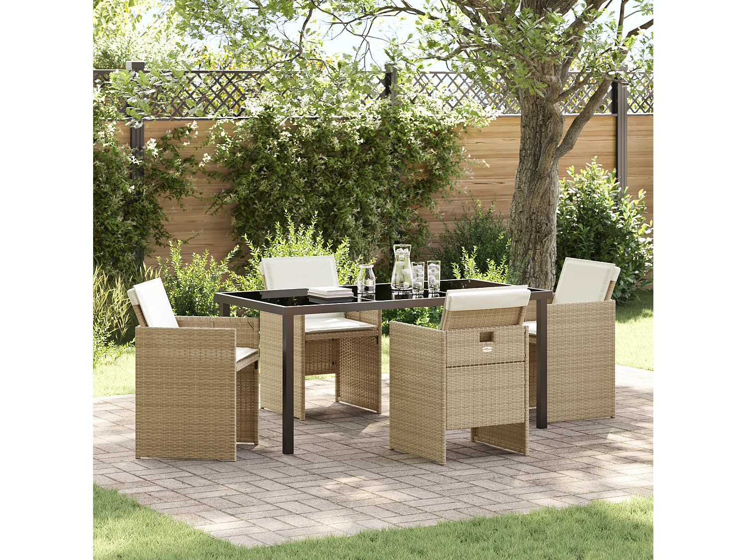 Juego de comedor de jardín de 5 piezas con cojines beige de ratán sintético