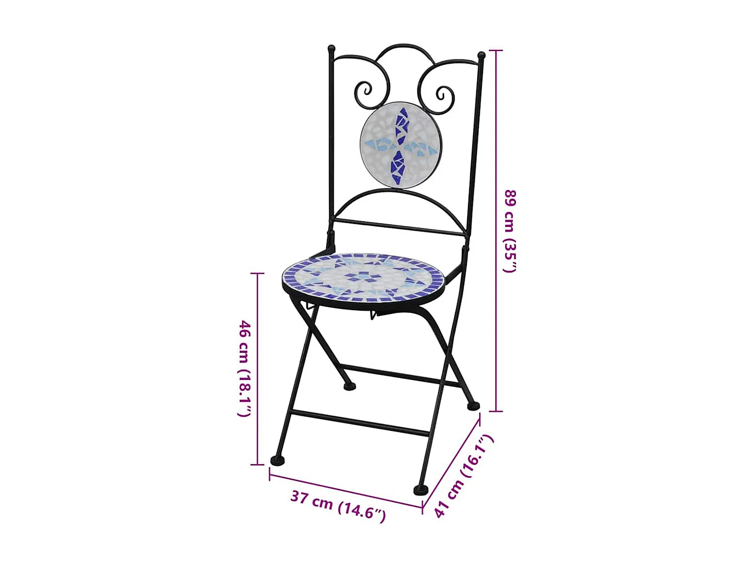 sedie pieghevoli da bistrot in ceramica blu e bianca