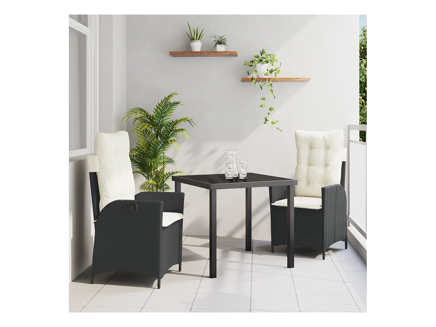 3-delige tuinset met zwarte polyrotan kussens