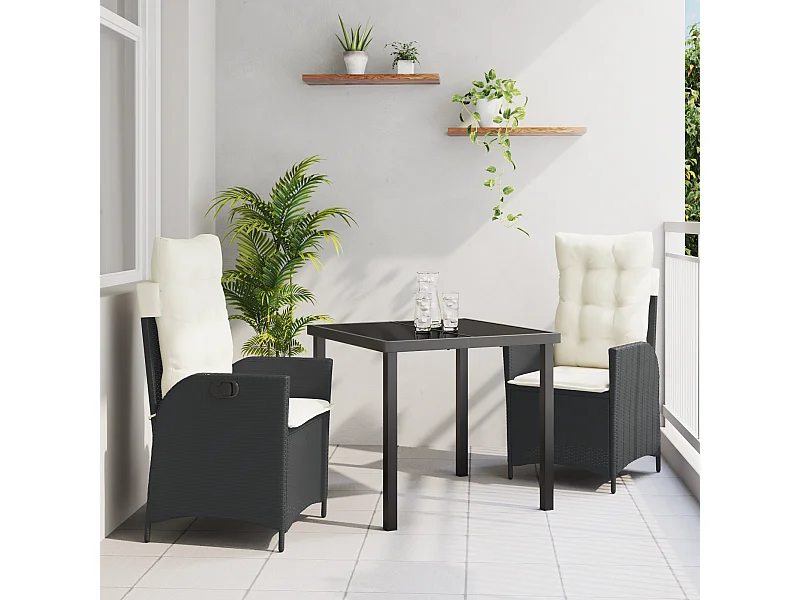 Ensemble de salle à manger de jardin 3 pièces avec coussins en rattan poly noir
