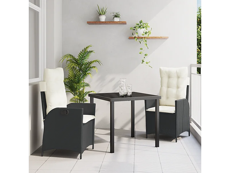 Set da pranzo da giardino 3 pezzi con cuscini in polyrattan nero