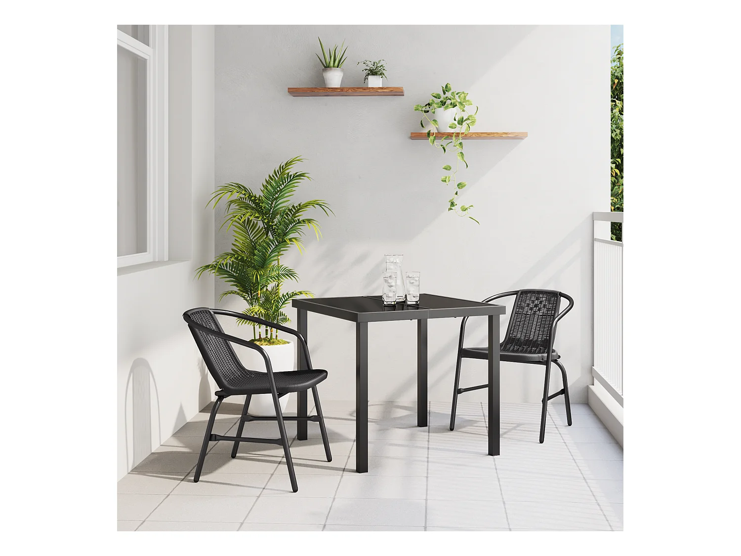 Set da giardino 3 pezzi in rattan, plastica, nero
