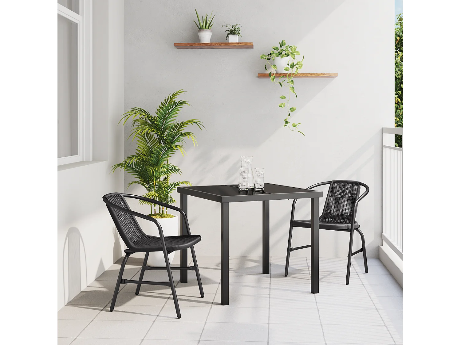 Set da giardino 3 pezzi in rattan, plastica, nero