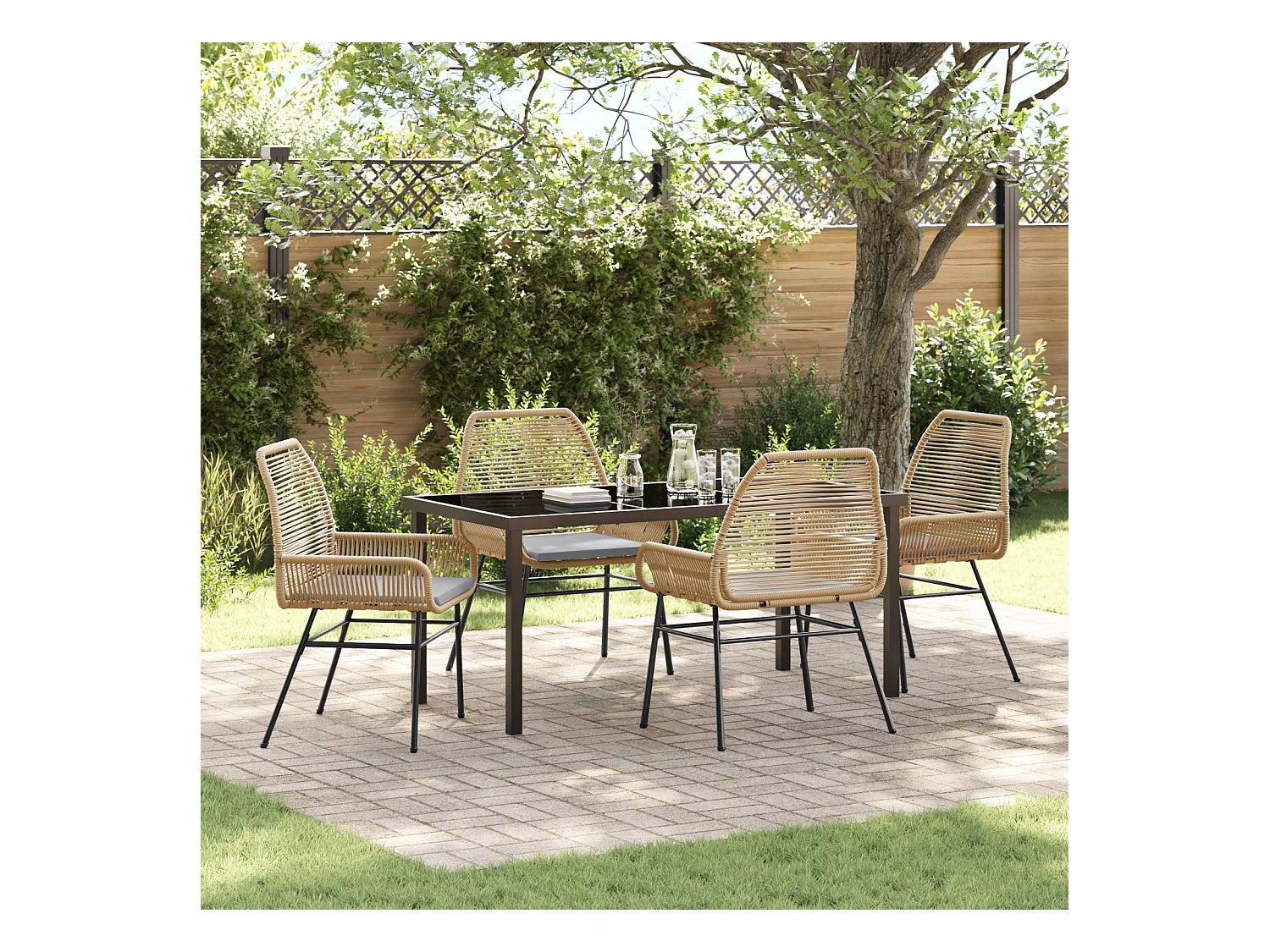 Set da pranzo da giardino 5 pezzi con cuscini in rattan marrone poly