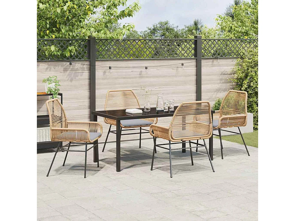 5-teiliges Garten-Ess-Set mit Kissen, braun, Rattan, Poly