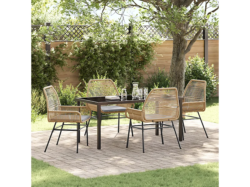 Ensemble de salle à manger de jardin 5 pièces avec coussins Marron Rattan Poly