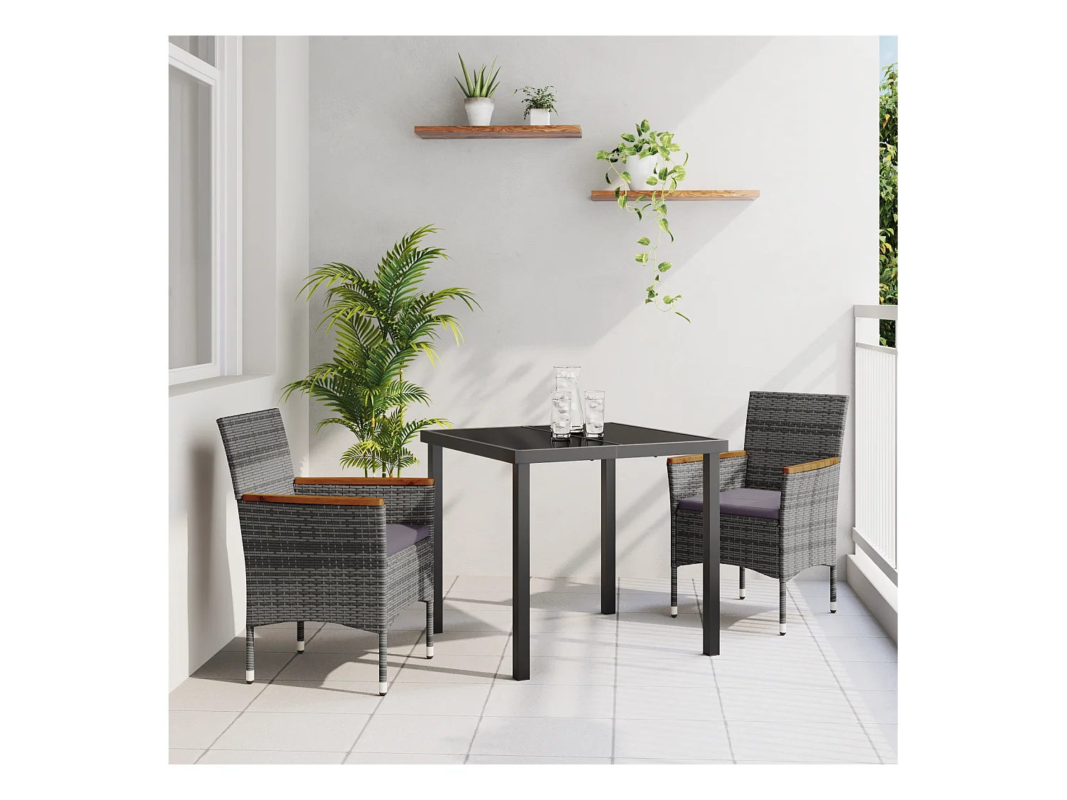 Set da pranzo da giardino in polyrattan grigio da 3 pezzi