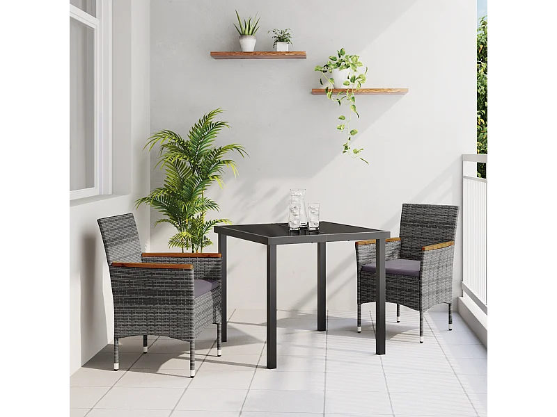 Set da pranzo da giardino in polyrattan grigio da 3 pezzi