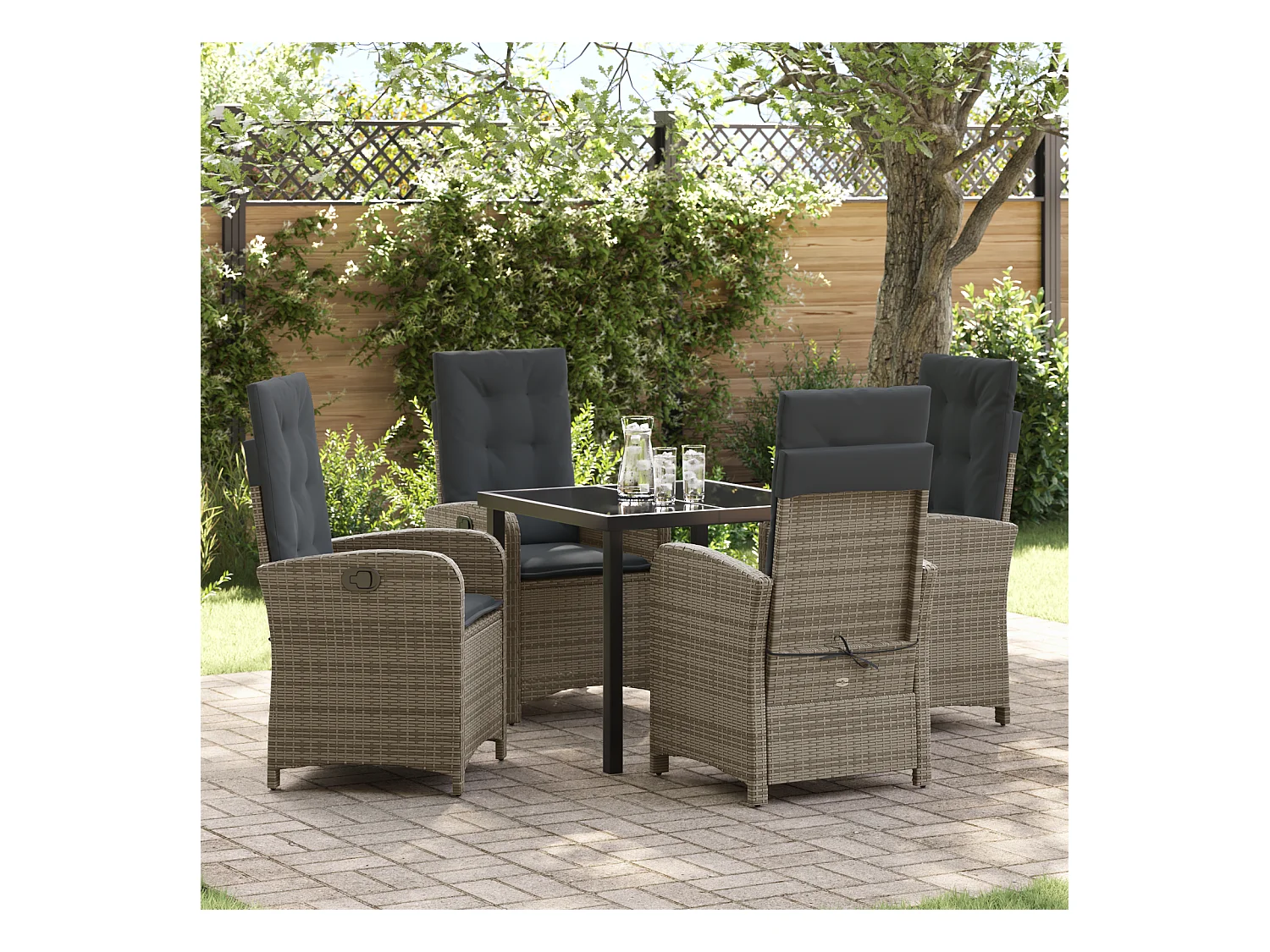 Set da pranzo da giardino 5 pezzi con cuscini in polyrattan grigio