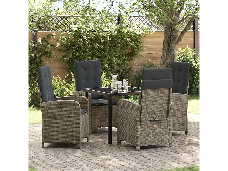 Set da pranzo da giardino 5 pezzi con cuscini in polyrattan grigio