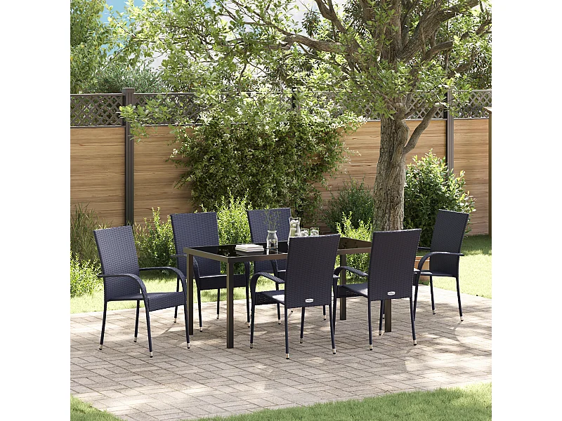Ensemble de salle à manger de jardin de 7 pièces – Poly Rattan Noir