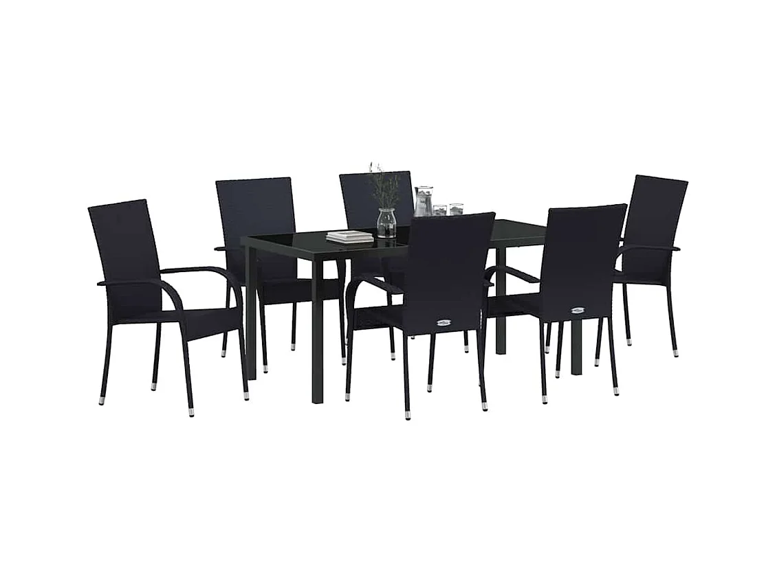 Ensemble de salle à manger de jardin de 7 pièces – Poly Rattan Noir