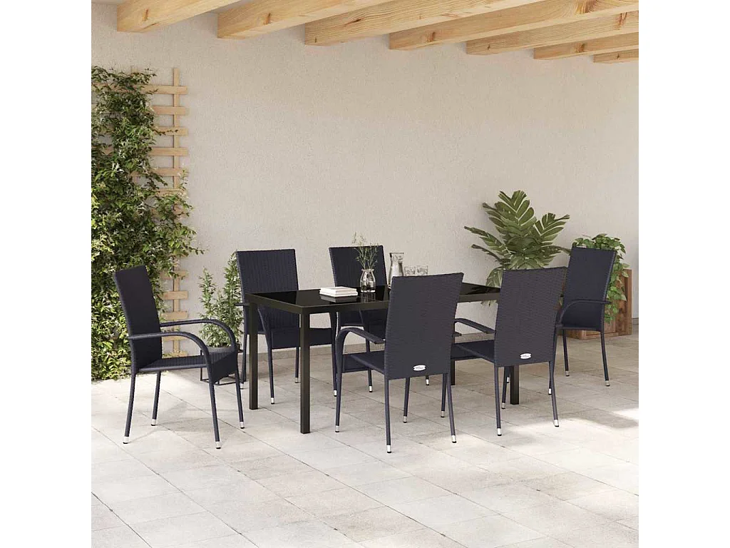 Ensemble de salle à manger de jardin de 7 pièces – Poly Rattan Noir