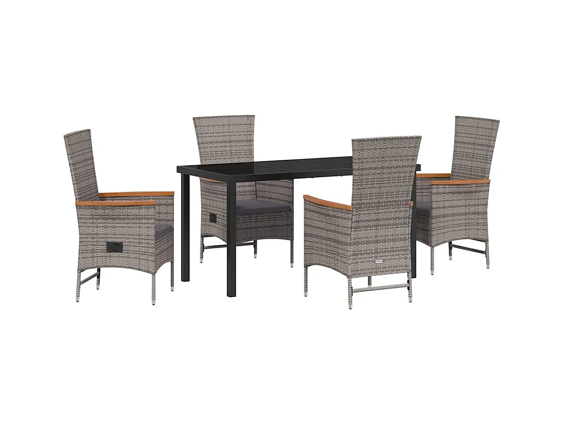 Set da pranzo da giardino 5 pezzi con cuscini in polyrattan grigio