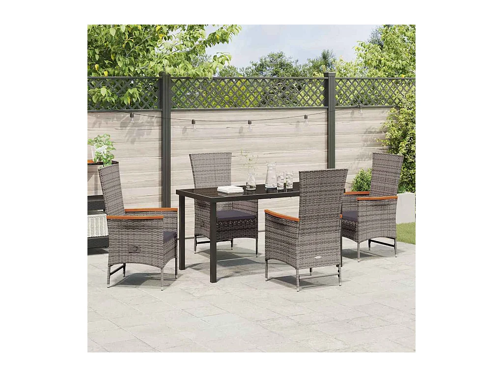 Set da pranzo da giardino 5 pezzi con cuscini in polyrattan grigio