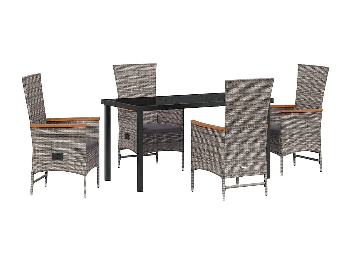 5-teiliges Garten-Essset mit grauen Polyrattan-Kissen