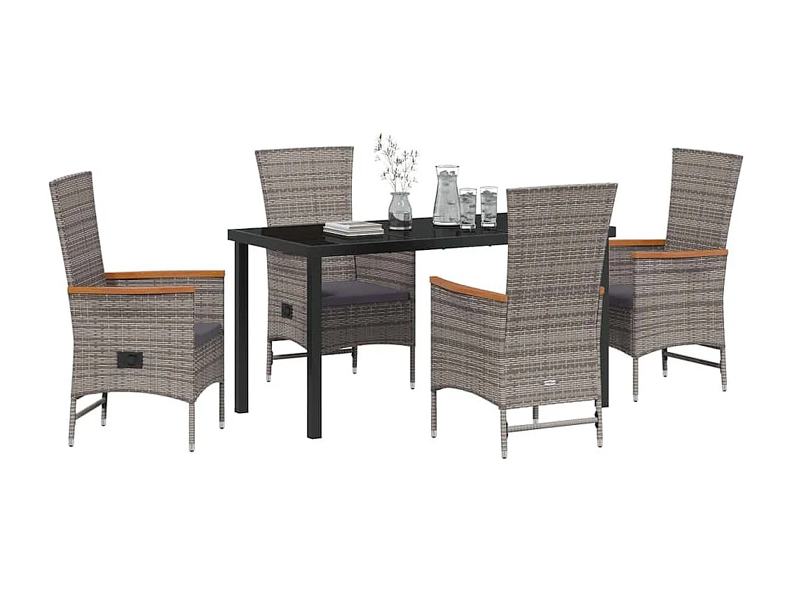 5-teiliges Garten-Essset mit grauen Polyrattan-Kissen