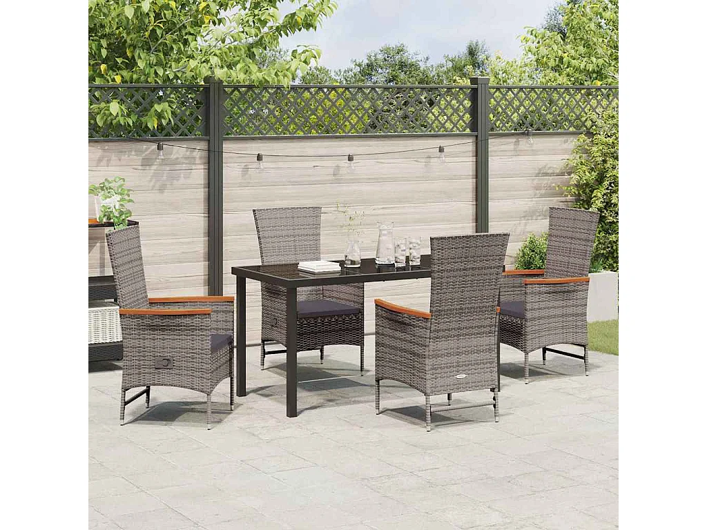 5-teiliges Garten-Essset mit grauen Polyrattan-Kissen