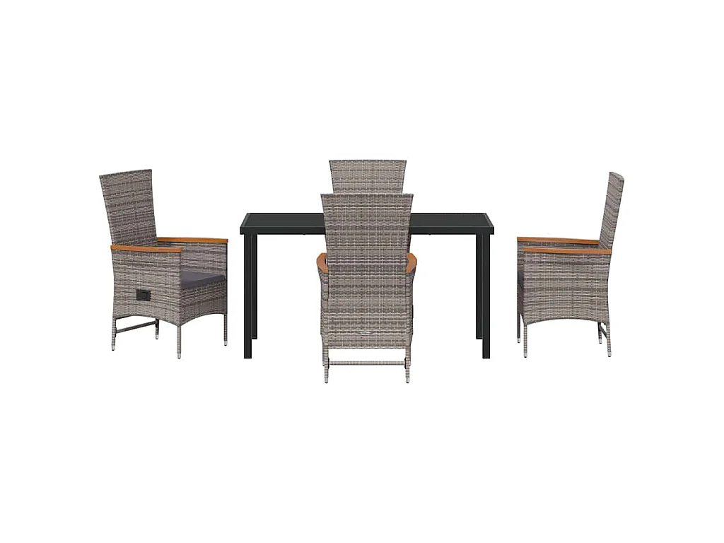 5-teiliges Garten-Essset mit grauen Polyrattan-Kissen