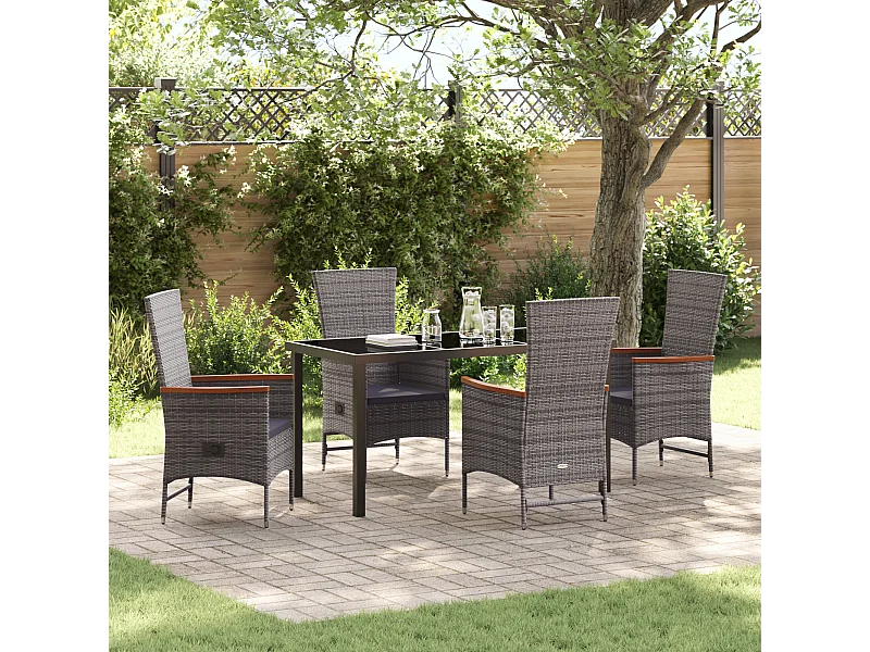 5-teiliges Garten-Essset mit grauen Polyrattan-Kissen