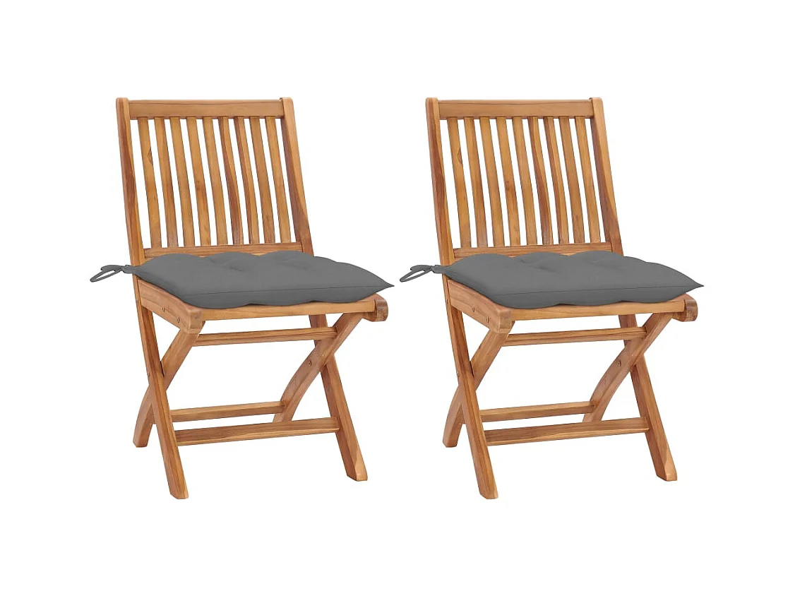 Set di 2 sedie da giardino e cuscini grigi in legno massello di teak