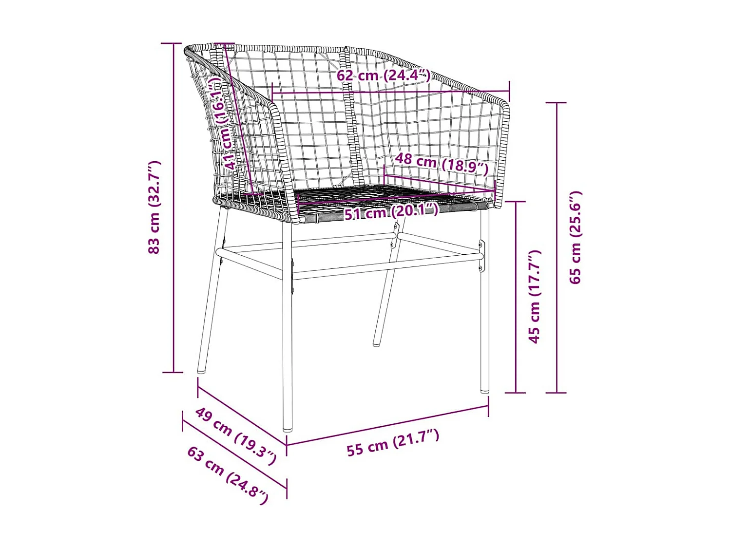 Set de 3 chaises de salle à manger de jardin en poly rattan marron