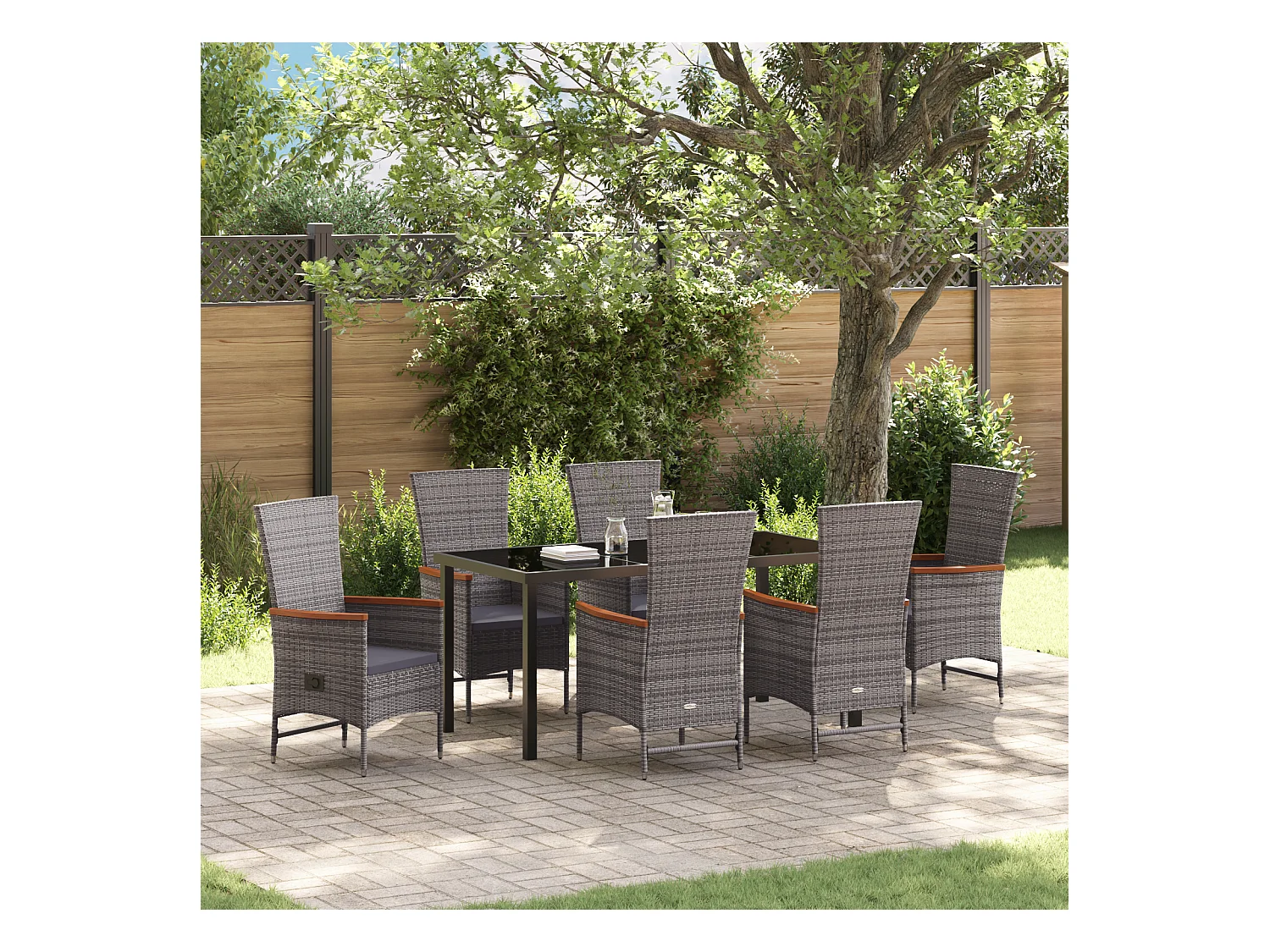 Ensemble de salle à manger jardin 7 pièces avec coussins Rattan poly gris