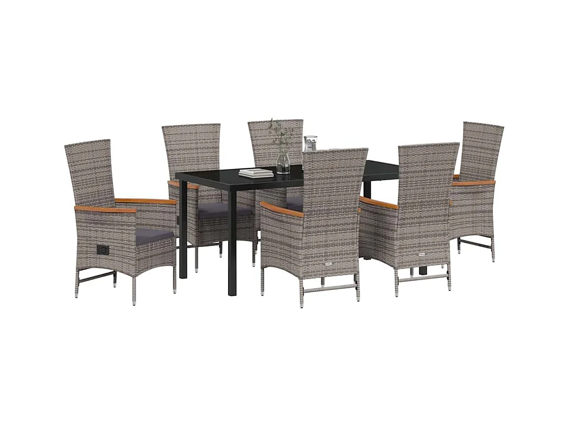 Ensemble de salle à manger jardin 7 pièces avec coussins Rattan poly gris